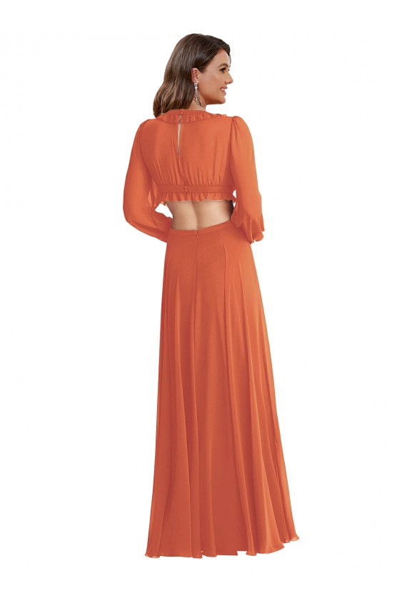 Purchase Soft Chiffon A-Line Long Long Sleeves Open Back High Low Evening Dress