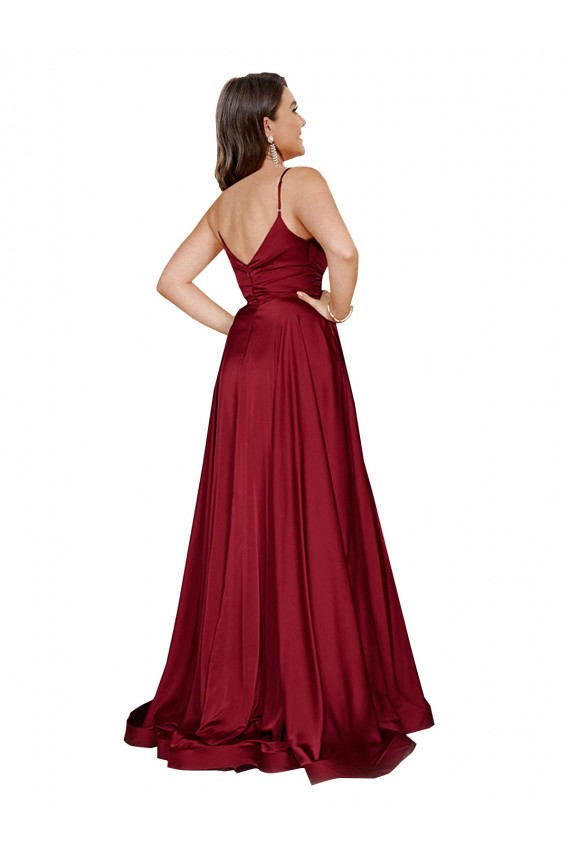 Purchase Silky Satin A-Line Long Sleeveless Low Back High Slit Prom Dresses