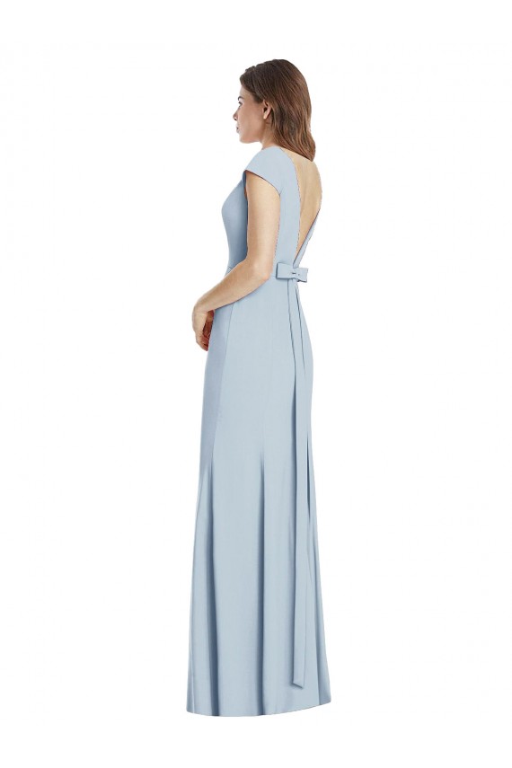 Purchase Stretch Crepe Trumpet Long Cap Sleeves Open Back Light Sky Blue Prom Dresses