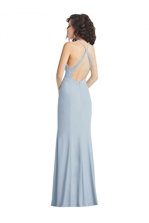 Purchase Stretch Crepe Trumpet Long Sleeveless Criss Cross Back Light Sky Blue Prom Dresses