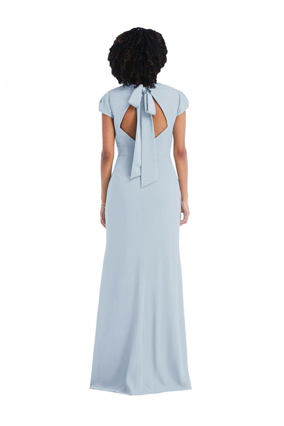 Purchase Stretch Crepe Trumpet Long Cap Sleeves Keyhole Back Semi Formal Evening Dress