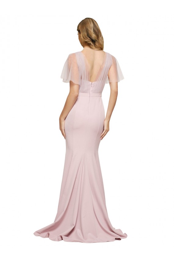 Purchase Stretch Crepe & Tulle Sheath Short Sleeves Long Low Back Formal Evening Dress