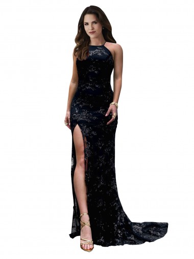 Purchase Lace Mermaid Long Sleeveless Open Back High Slit Prom Dresses