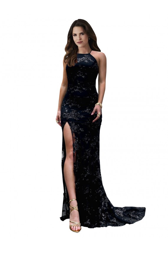 Purchase Lace Mermaid Long Sleeveless Open Back High Slit Prom Dresses