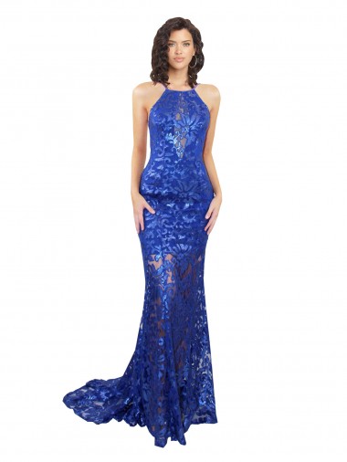 Purchase Lace Mermaid Long Sleeveless Open Back Semi Formal Evening Dress