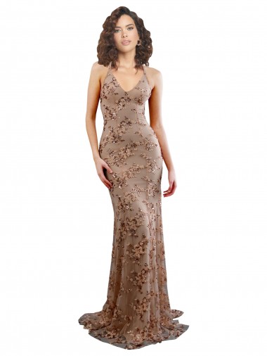 Purchase Stretch Crepe & Sequin Tulle Mermaid Long Sleeveless Backless Rose Gold Prom Dresses