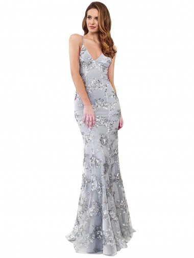 Purchase Stretch Crepe & Sequin Tulle Mermaid Mermaid Sleeveless Silver Formal Evening Dress
