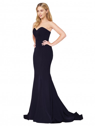 Purchase Stretch Crepe Mermaid Sweep Train Sleeveless Dark Navy Prom Dresses