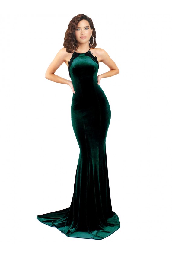 Purchase Stretch Velvet Mermaid Sweep Train Sleeveless Low Back Formal Evening Dress