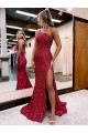 Purchase Velvet Sequin Mermaid Sweep Train Sleeveless High Slit Evening Dress