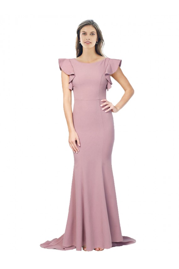 Purchase Stretch Crepe Mermaid Sweep Train Flutter Sleeves Low Back Formal Evening Dress