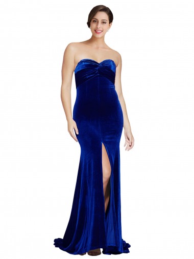 Purchase Stretch Velvet Mermaid Sweep Train Sleeveless Low Back Front Slit Prom Dresses