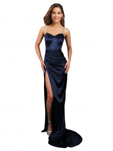 Purchase Stretch Satin Mermaid Long Sleeveless Dark Navy Prom Dresses