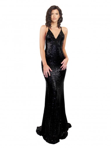 Purchase Sequin Mermaid Long Sleeveless Criss Cross Open Back Black Tie Evening Dress