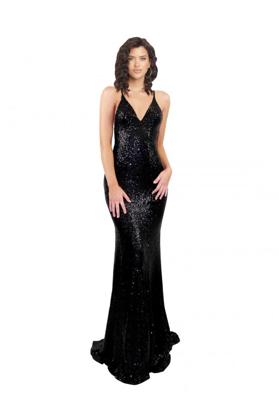 Purchase Sequin Mermaid Long Sleeveless Criss Cross Open Back Black Tie Evening Dress