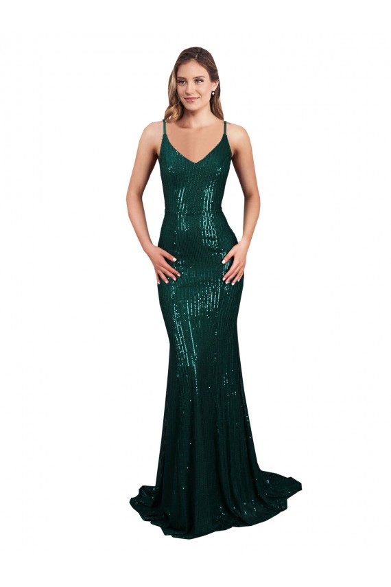 Purchase Sequin Mermaid Long Sleeveless Low Back Dark Green Prom Dresses