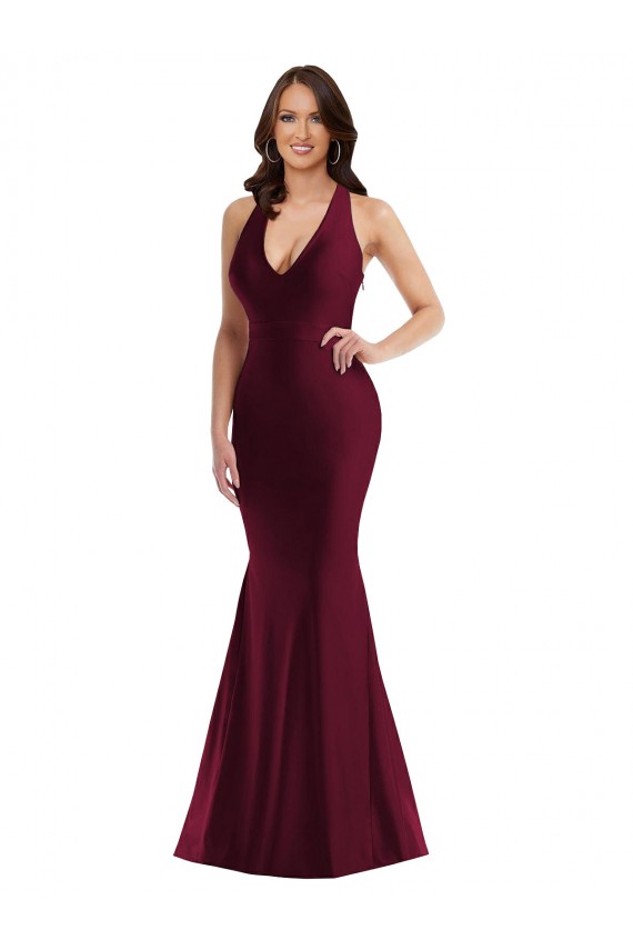Purchase Silky Satin Mermaid Long Sleeveless Open Back Burgundy Prom Dresses