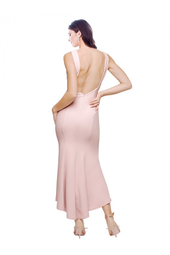 Purchase Stretch Crepe Sheath Midi Length Sleeveless Low Back High Low Evening Dress