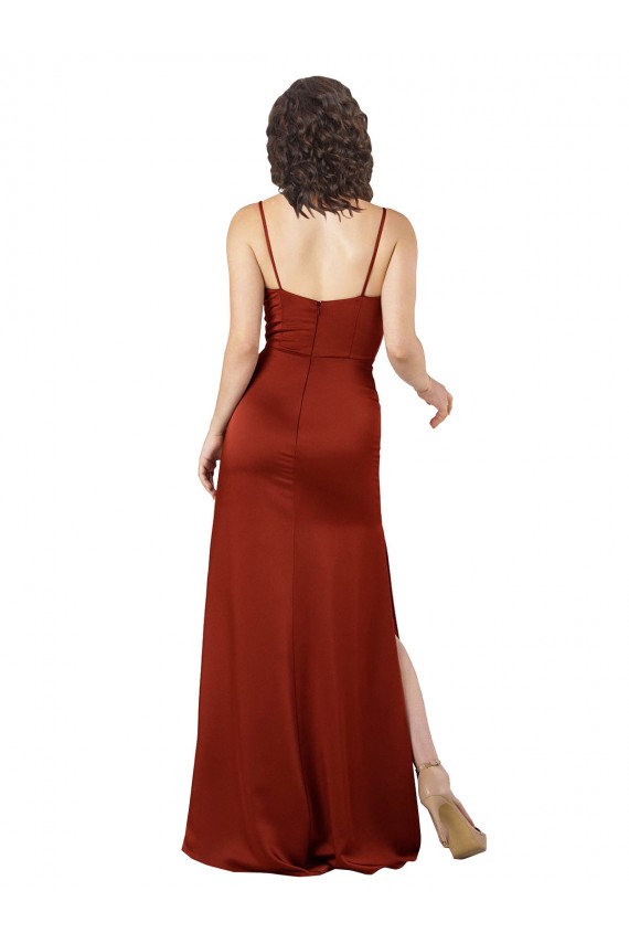 Purchase Silky Satin A-Line Long Sleeveless Low Back Skirt Slit Prom Dresses