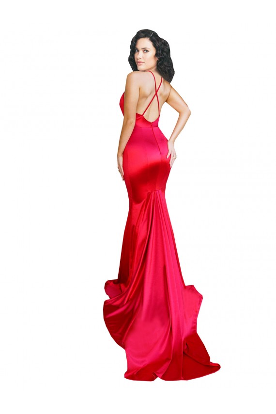 Purchase Stretch Satin Mermaid Long Sleeveless Low Back Red Prom Dresses