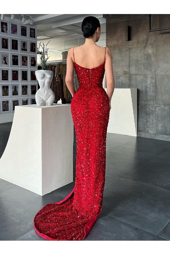 Purchase Velvet Sequin Sheath Sweep Train Sleeveless High Side Slit Evening Dress