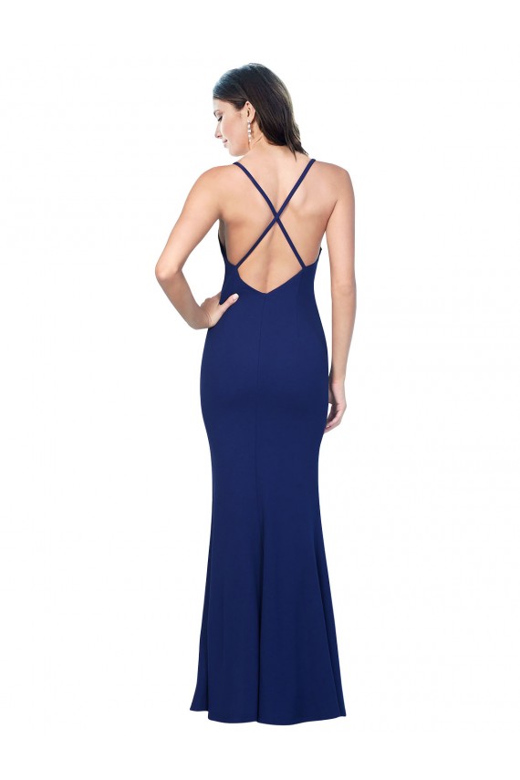 Purchase Stretch Crepe Sheath Long Sleeveless Royal Blue Low Back Formal Dress