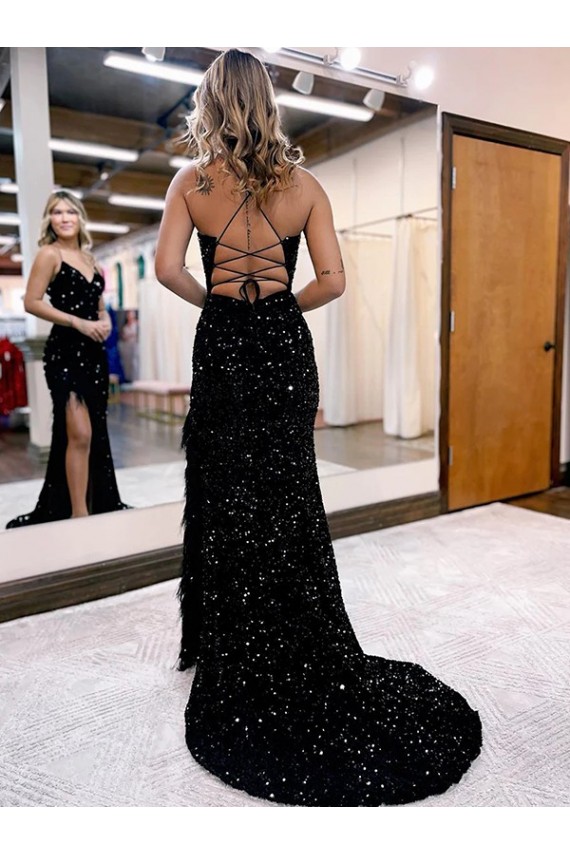 Purchase Velvet Sequin Sheath Sweep Train Sleeveless V-Neck Long Evening Dress