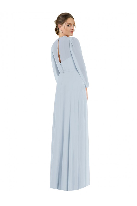Purchase Soft Chiffon A-Line Long Puff Sleeves Keyhole Back Formal Evening Dress