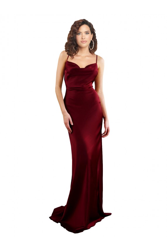 Purchase Silky Satin Sheath Long Sleeveless Criss Cross Open Back Burgundy Prom Dresses