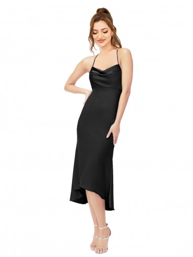 Purchase Silky Satin Sheath Midi Length Sleeveless Criss Cross Back High Low Evening Dress