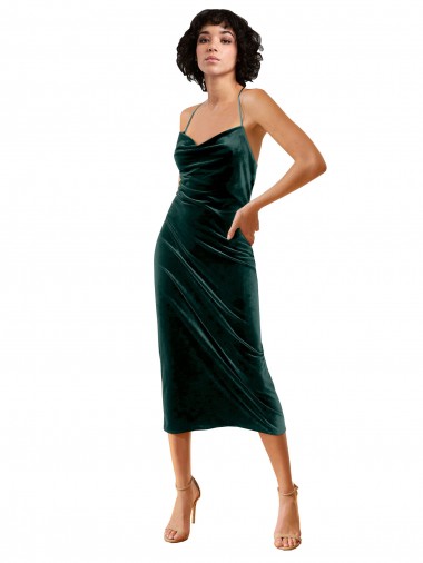 Purchase Stretch Velvet Sheath Midi Length Sleeveless Criss Cross Open Back Formal Dress