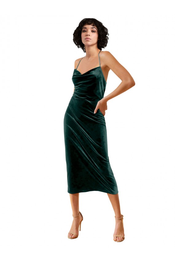 Purchase Stretch Velvet Sheath Midi Length Sleeveless Criss Cross Open Back Formal Dress