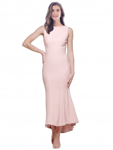 Purchase Stretch Crepe Sheath Midi Length Sleeveless Low Back High Low Evening Dress