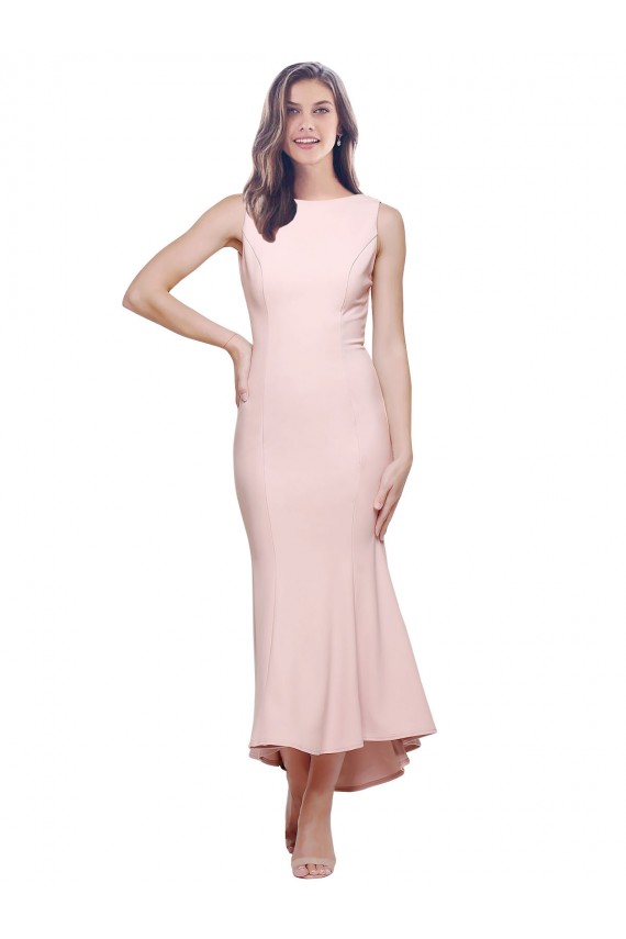 Purchase Stretch Crepe Sheath Midi Length Sleeveless Low Back High Low Evening Dress