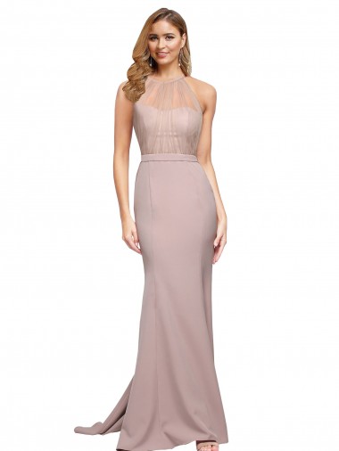Purchase Stretch Crepe Sheath Sweep Train Sleeveless Dusty Pink Prom Dresses