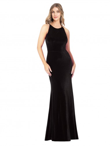 Purchase Stretch Velvet Sheath Long Sleeveless Criss Cross Back Formal Evening Dress