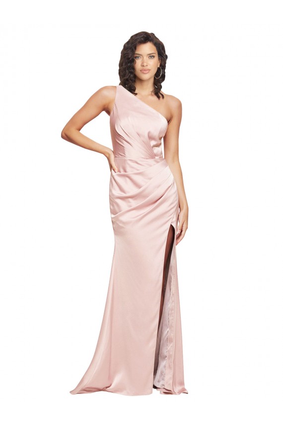 Purchase Silky Satin Sheath Long Sleeveless Low Back High Slit Prom Dresses