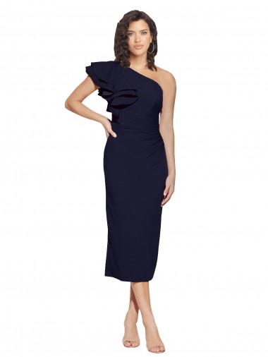 Purchase Stretch Crepe Sheath Midi Length Sleeveless Dark Navy Prom Dresses