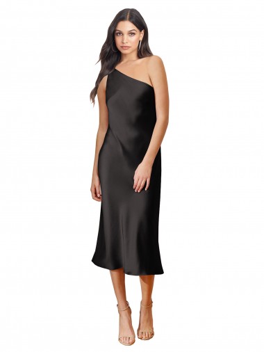 Purchase Stretch Satin Sheath Midi Length Sleeveless Black Prom Dresses