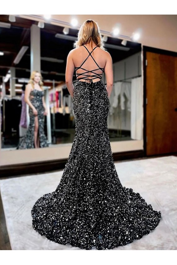Purchase Velvet Sequin Sheath Sweep Train Sleeveless Spaghetti Straps Evening Gown