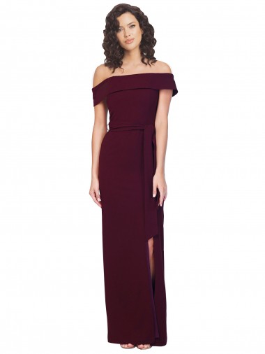 Purchase Stretch Crepe Sheath Long Sleeveless Low Back Burgundy Gold Prom Dresses