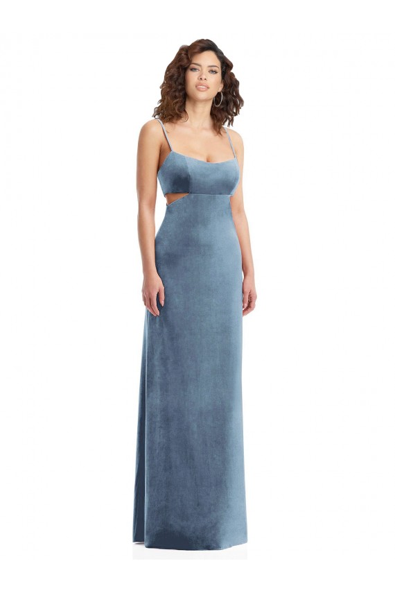 Purchase Stretch Velvet Sheath Long Sleeveless Low Back Dusty Blue Prom Dresses