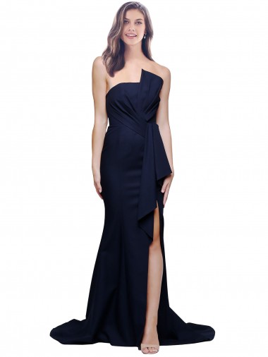 Purchase Stretch Crepe Sheath Sweep Train Sleeveless Low Back Dark Navy Prom Dresses