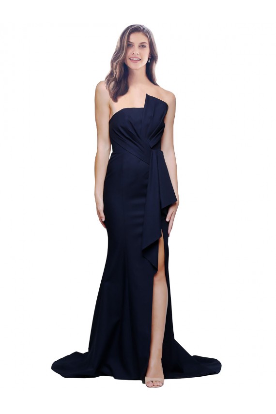 Purchase Stretch Crepe Sheath Sweep Train Sleeveless Low Back Dark Navy Prom Dresses
