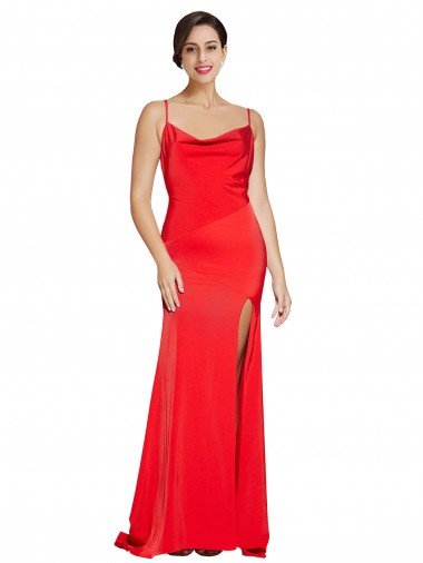 Purchase Stretch Satin Sheath Long Sleeveless Low Back High Side Slit Prom Dresses