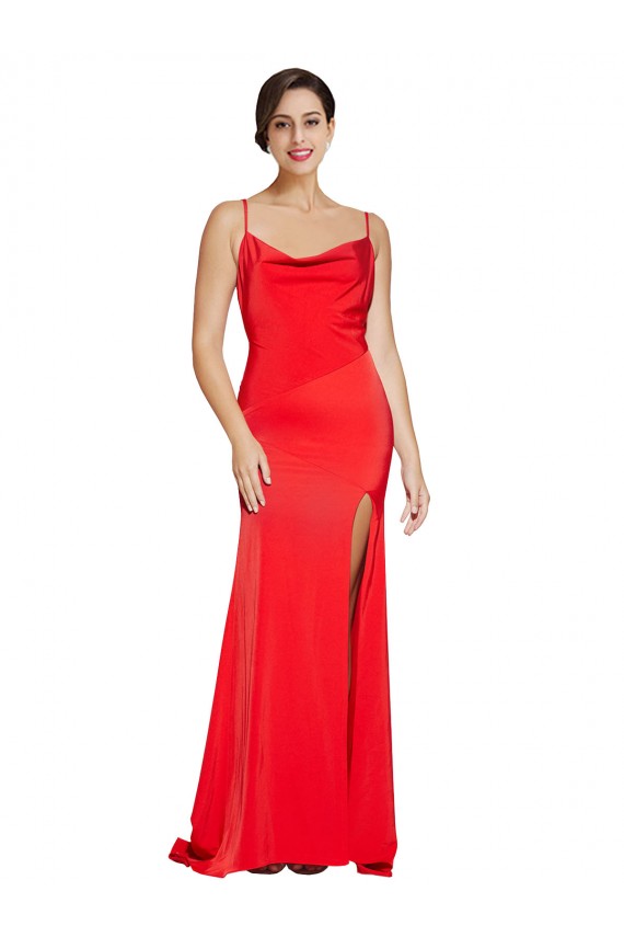 Purchase Stretch Satin Sheath Long Sleeveless Low Back High Side Slit Prom Dresses