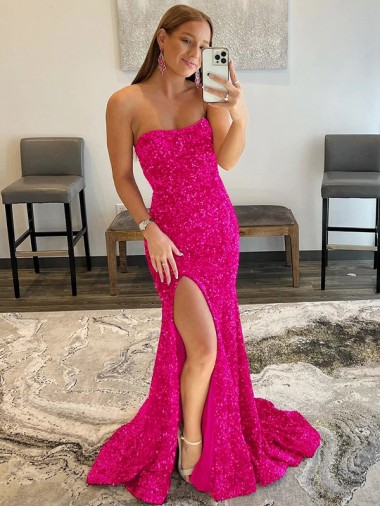 Purchase Velvet Sequin Sheath Sweep Train Sleeveless High Side Slit Prom Dress