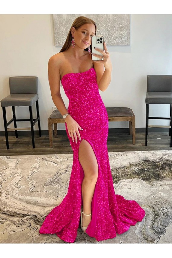 Purchase Velvet Sequin Sheath Sweep Train Sleeveless High Side Slit Prom Dress