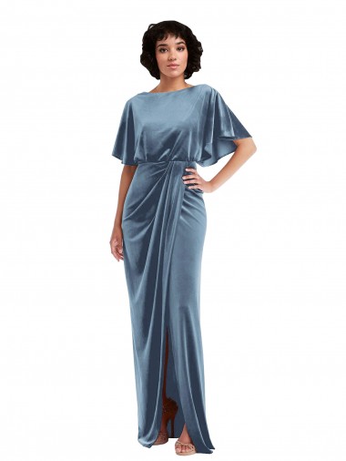 Purchase Stretch Velvet Sheath Long Flutter Sleeves Open Back Semi Formal Evening Dress