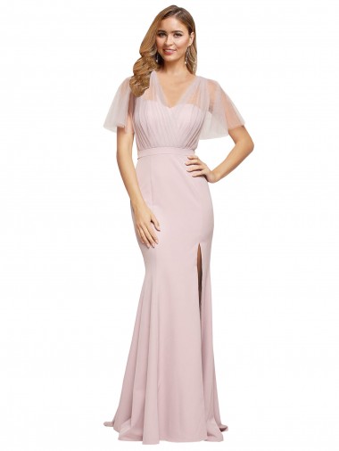 Purchase Stretch Crepe & Tulle Sheath Short Sleeves Long Low Back Formal Evening Dress